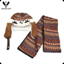 Invierno cálido Jacquard Knit linda niños sombrero y bufanda